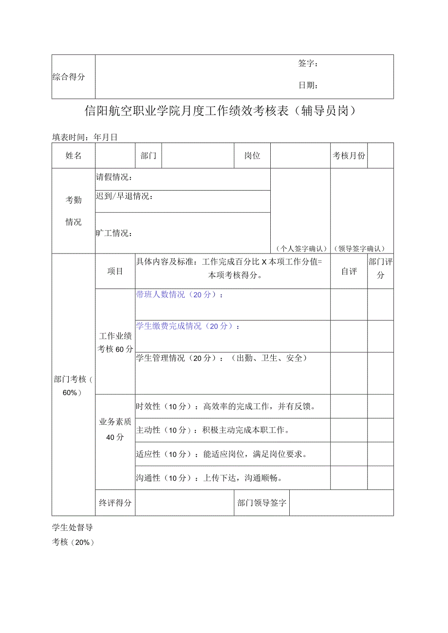 信阳航空职业学院月度工作绩效考核表教学岗.docx_第2页