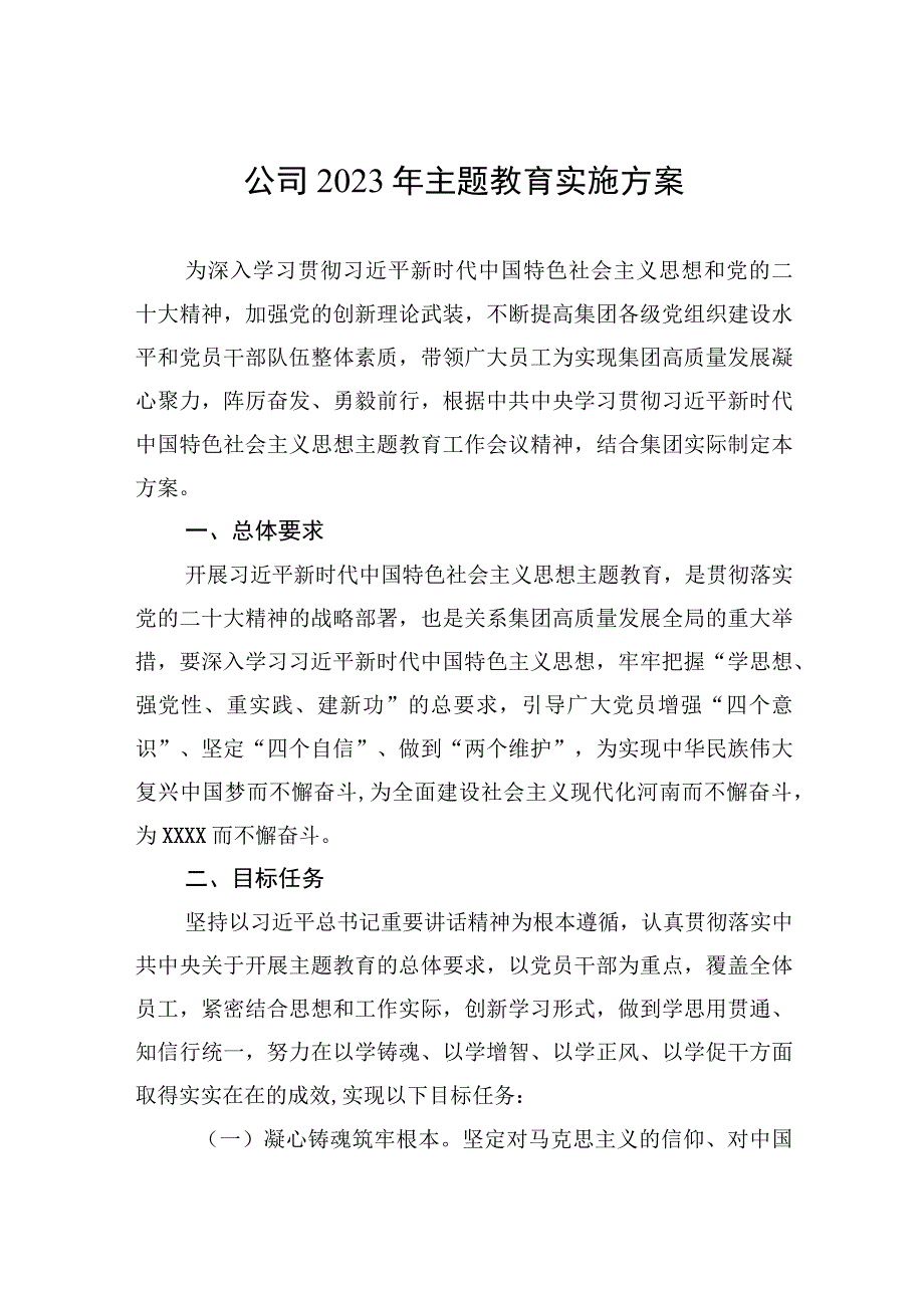 公司2023年主题教育实施方案2篇.docx_第1页