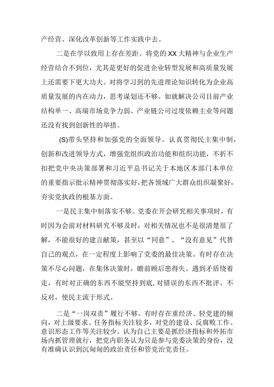 公司总经理2023年度民主生活会六个带头对照检查材料.docx_第3页