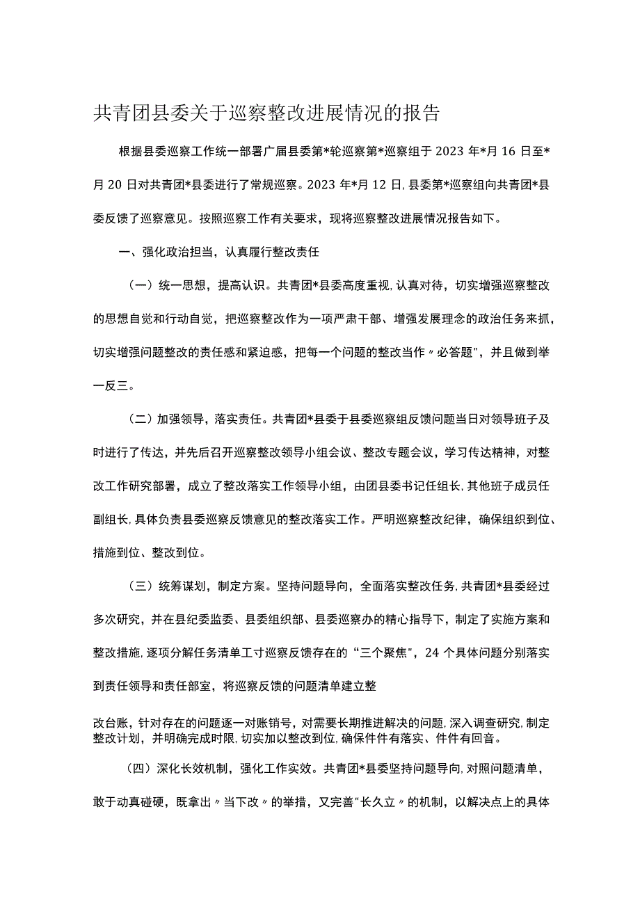 共青团县委关于巡察整改进展情况的报告.docx_第1页