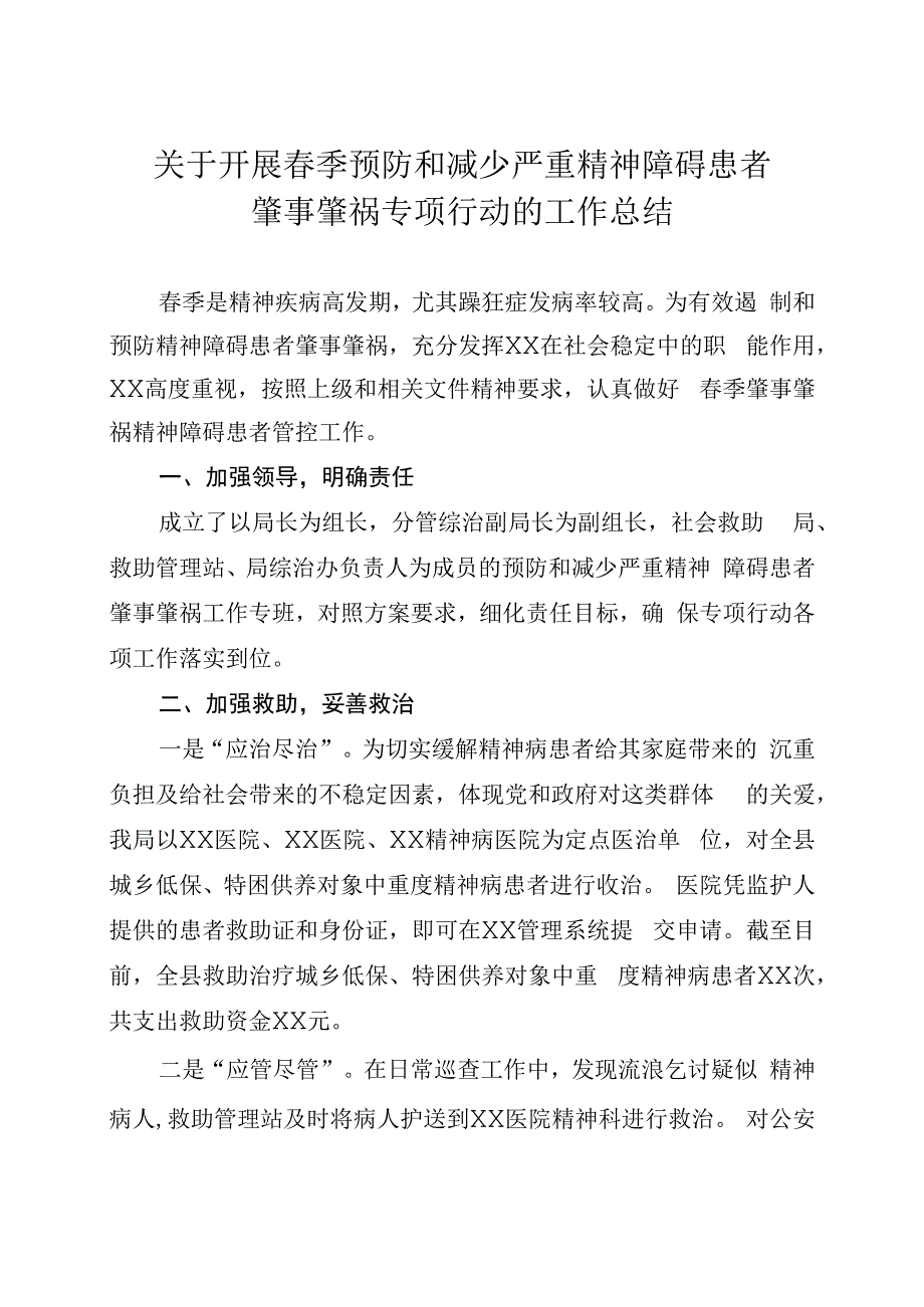 关于开展春季预防和减少严重精神障碍患者肇事肇祸专项行动的工作总结.docx_第1页