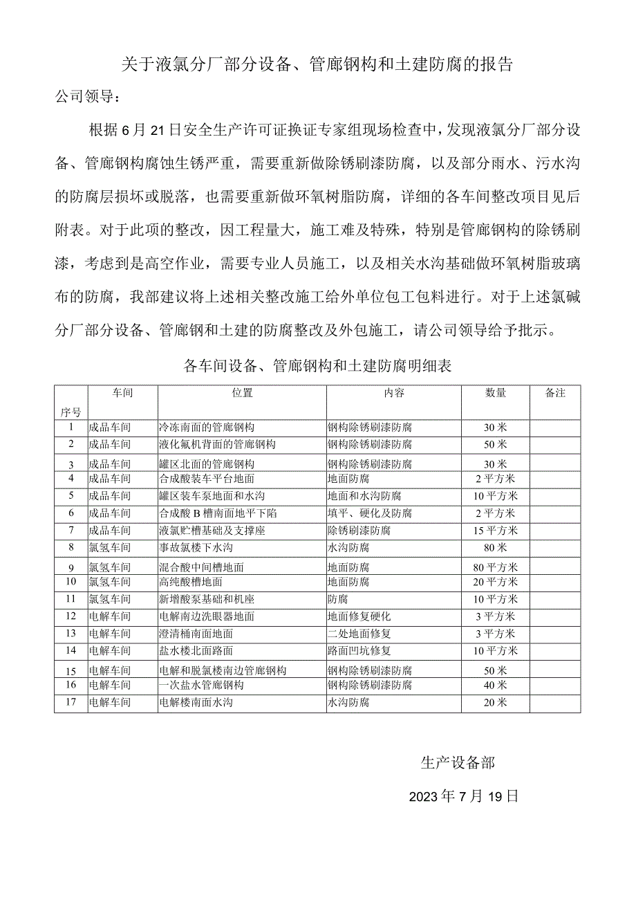 关于液氯分厂部分设备管廊钢构和土建防腐的报告.docx_第1页