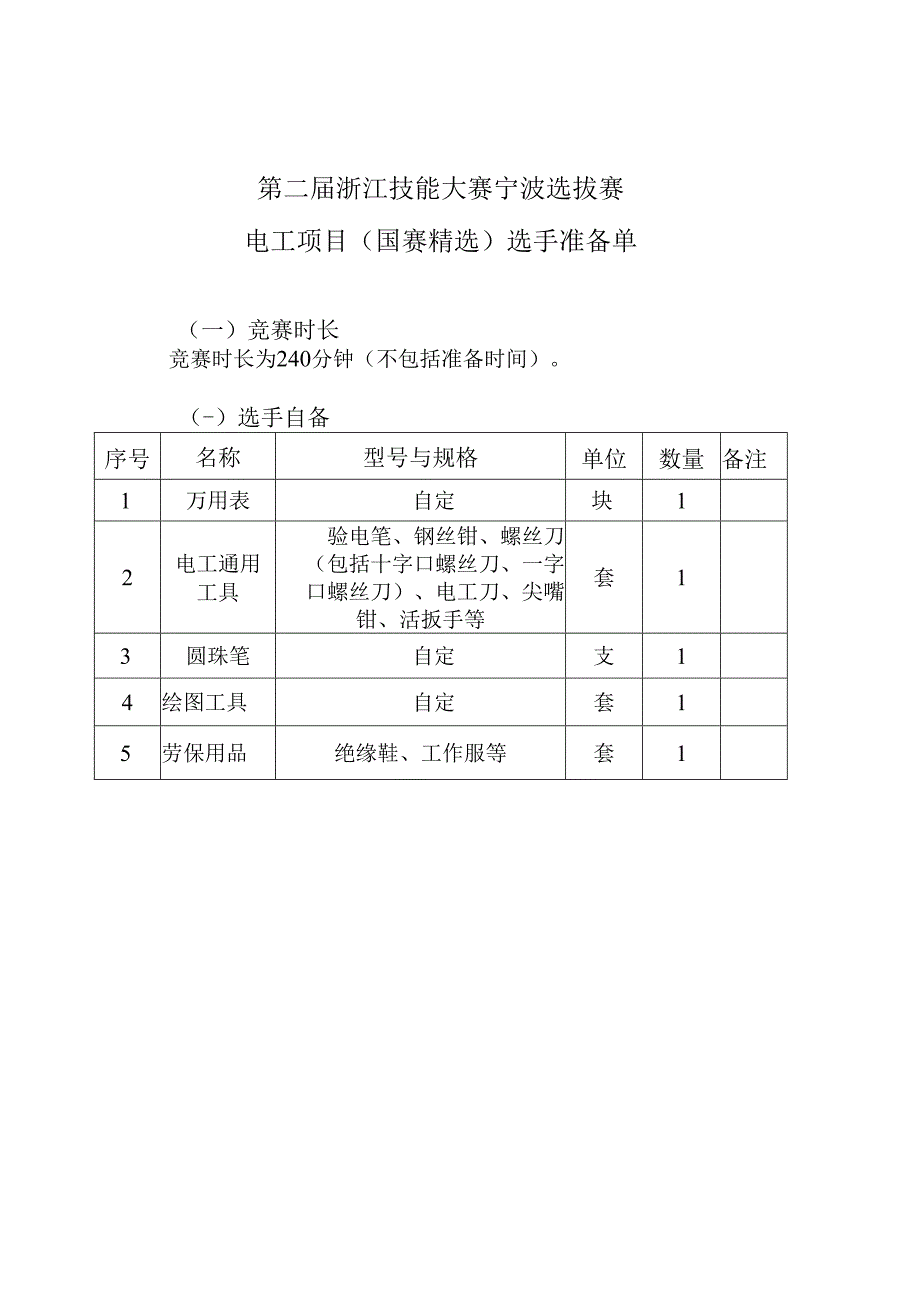 第二届浙江技能大赛宁波选拔赛电工项目国赛精选选手准备单.docx_第1页