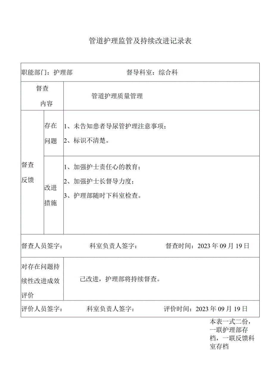 管道护理监管及持续改进记录表.docx_第1页