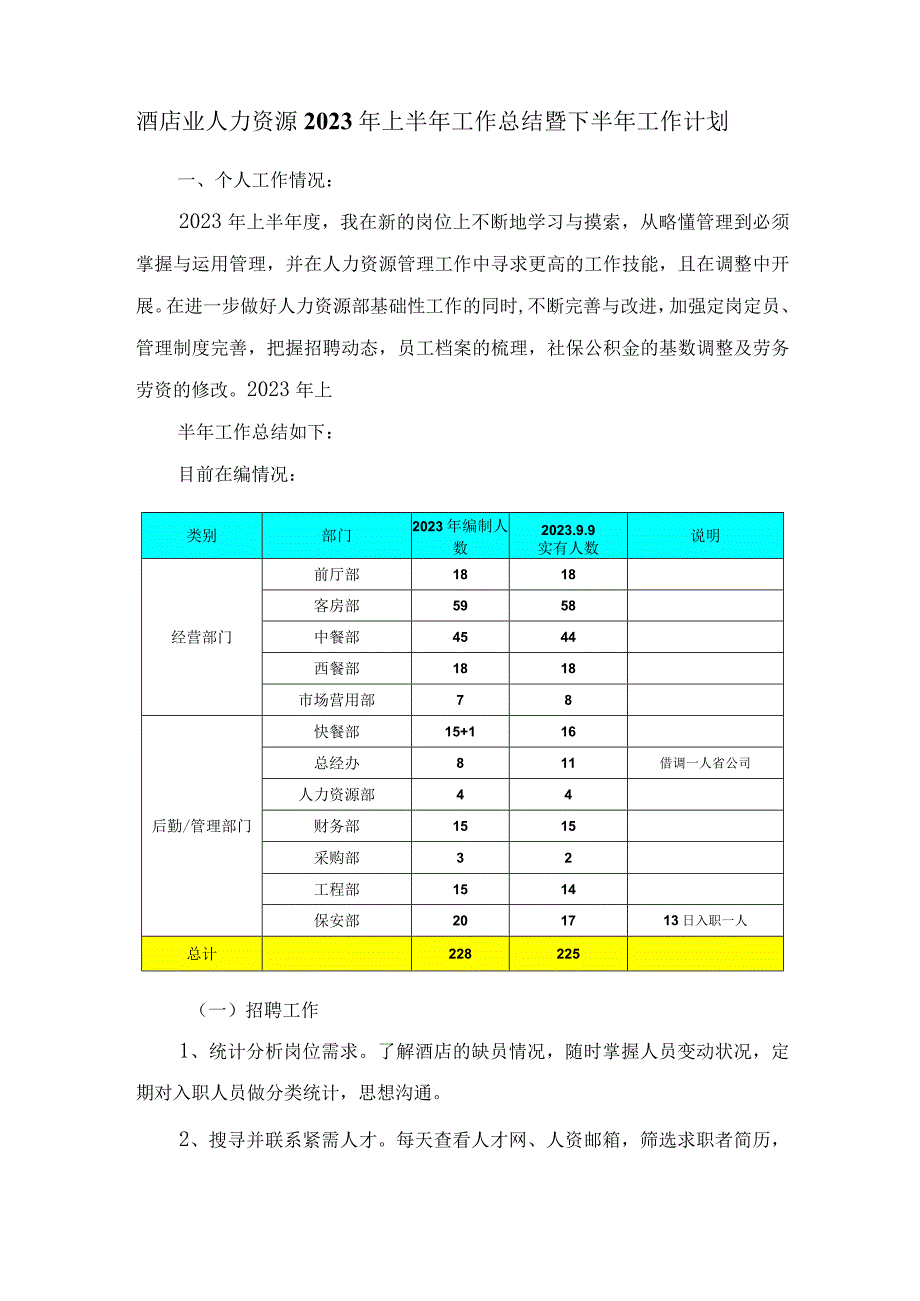 酒店业人力资源2023年上半年工作总结暨下半年工作计划.docx_第1页