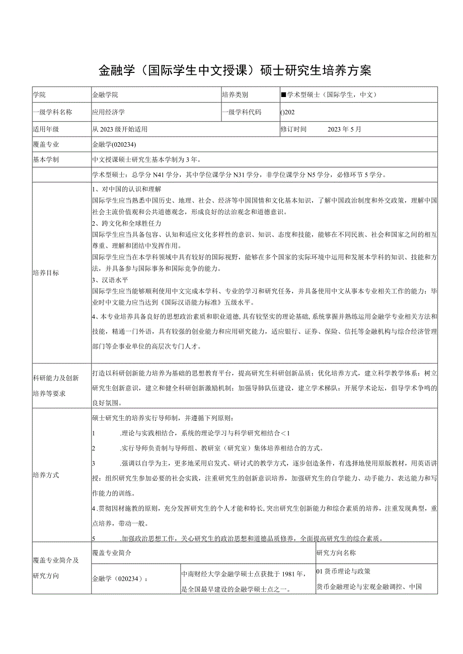 金融学国际学生中文授课硕士研究生培养方案.docx_第1页