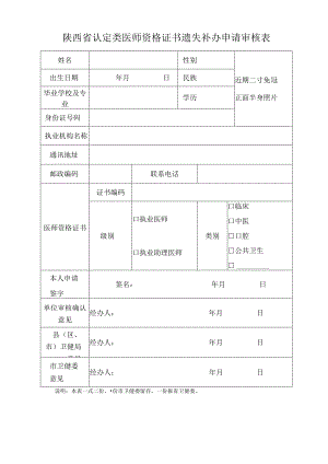 陕西省认定类医师资格证书遗失补办申请审核表.docx