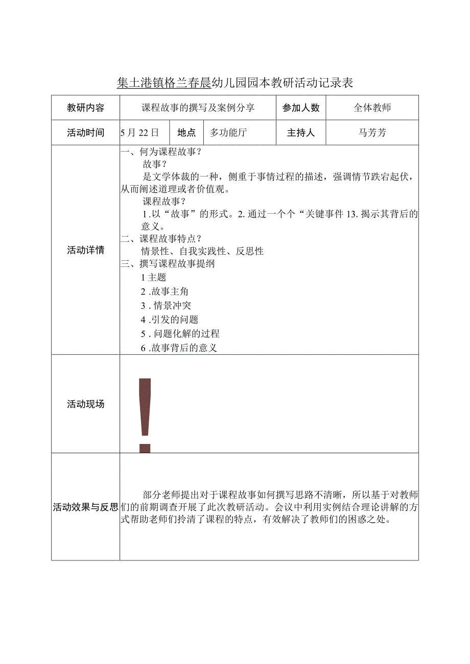 集士港镇格兰春晨幼儿园园本教研活动记录表.docx_第1页