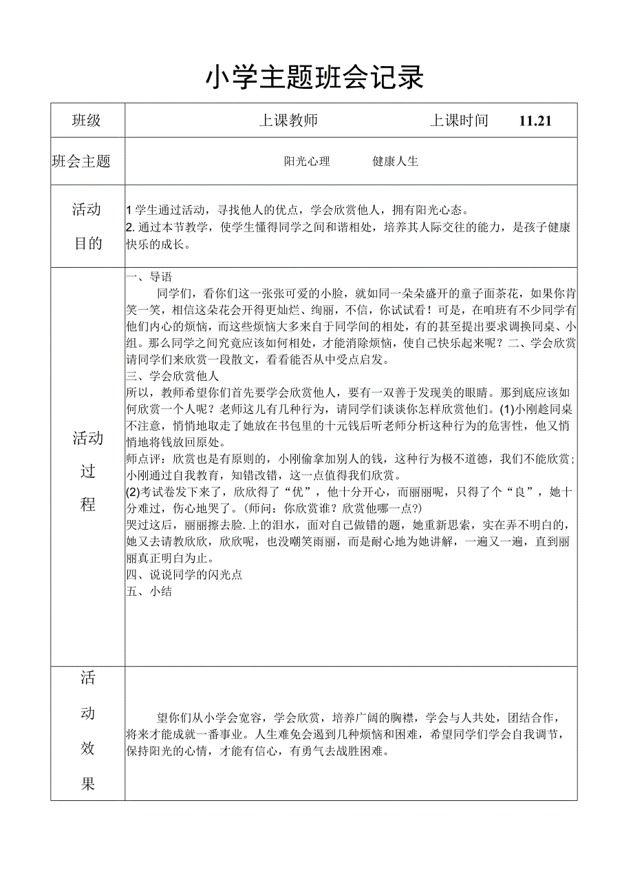 阳光心理 健康人生班会记录.docx_第1页