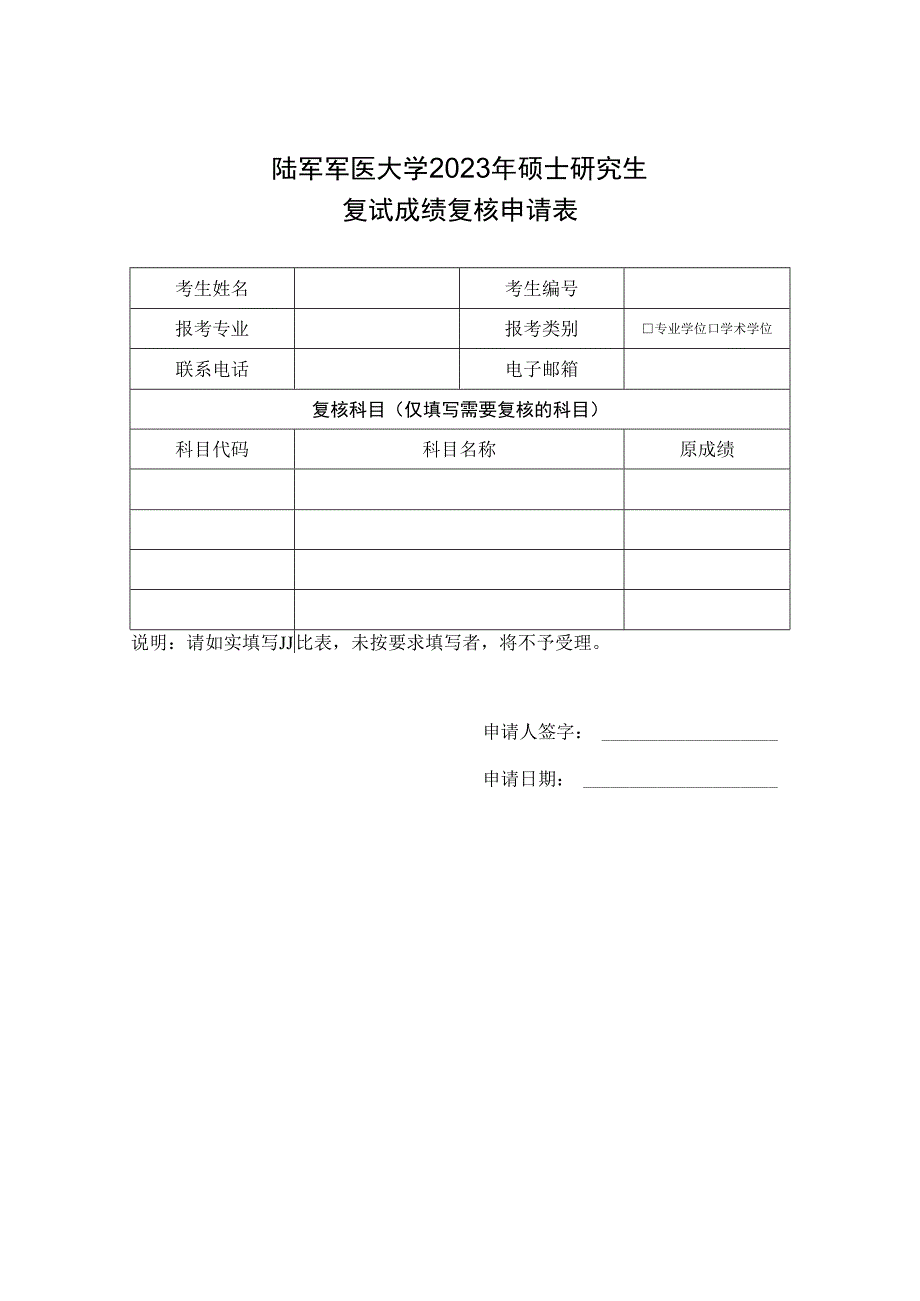 陆军军医大学2023年硕士研究生复试成绩复核申请表.docx_第1页