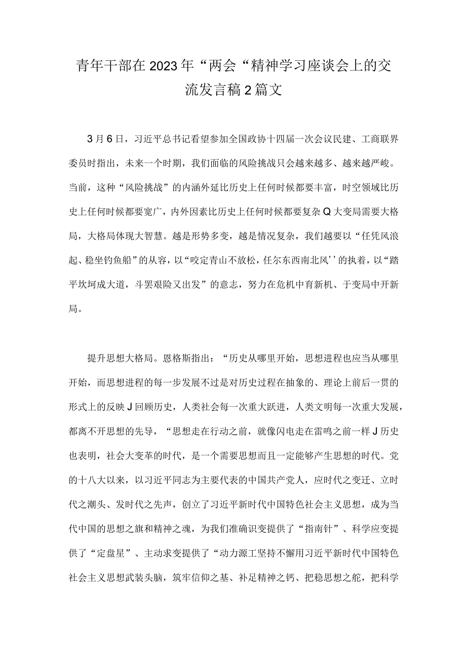 青年干部在2023年两会精神学习座谈会上的交流发言稿2篇文.docx_第1页