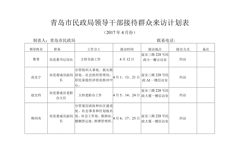 青岛市民政局领导干部接待群众来访计划表.docx_第1页