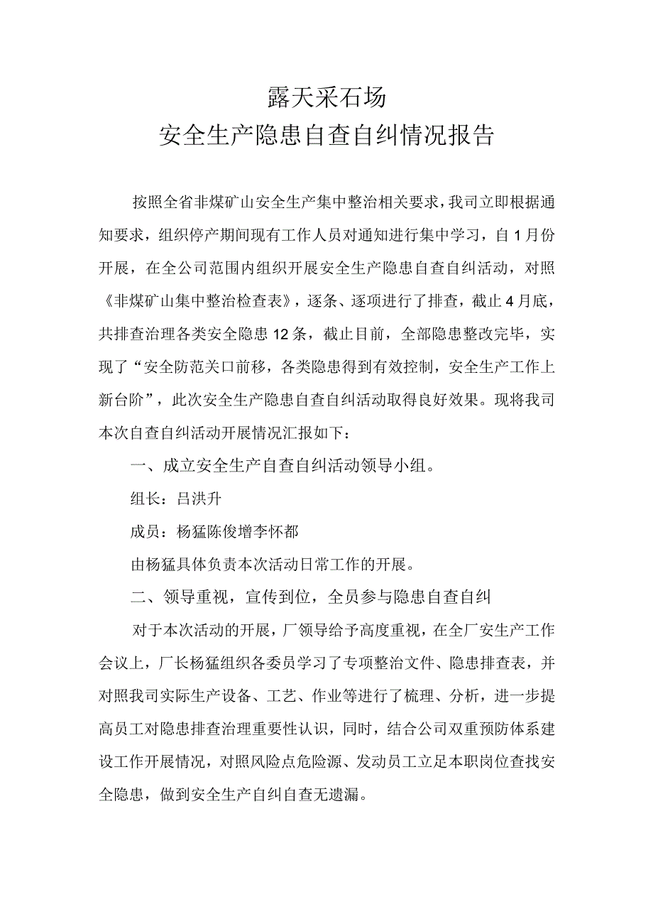 露天矿山安全生产隐患自查自纠工作报告.docx_第1页