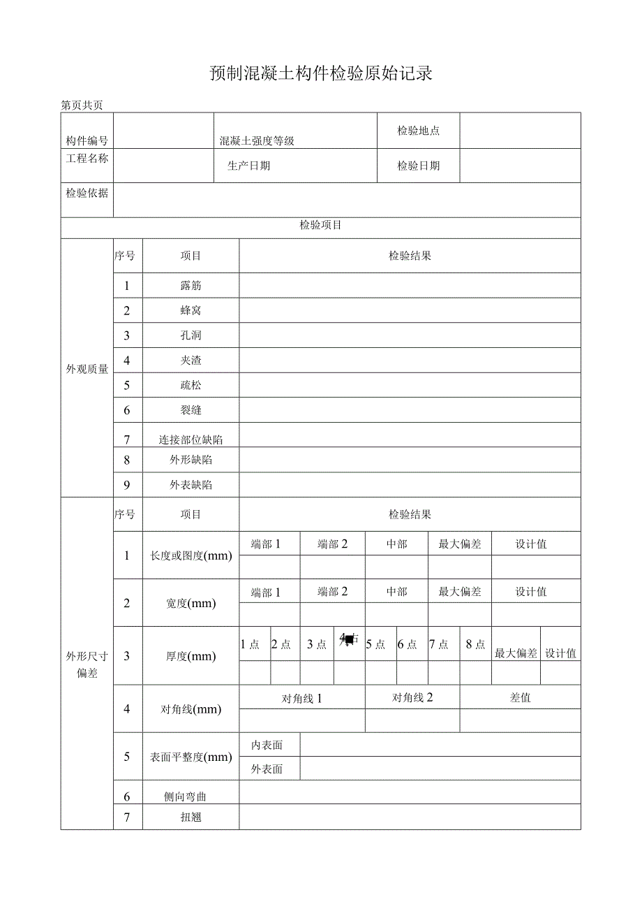 预制混凝土构件检验原始记录表.docx_第1页