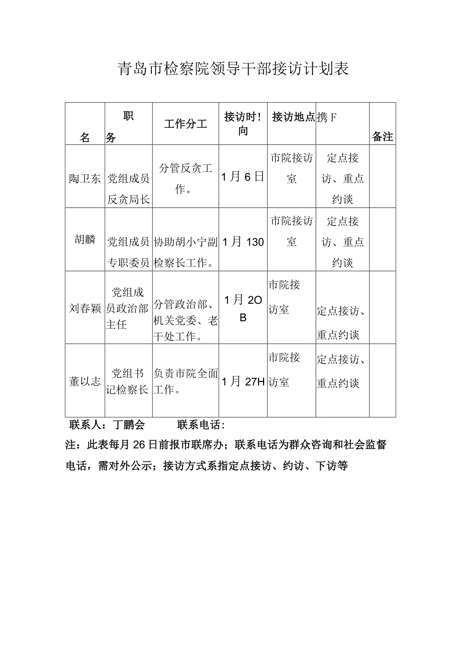 青岛市检察院领导干部接访计划表.docx_第1页