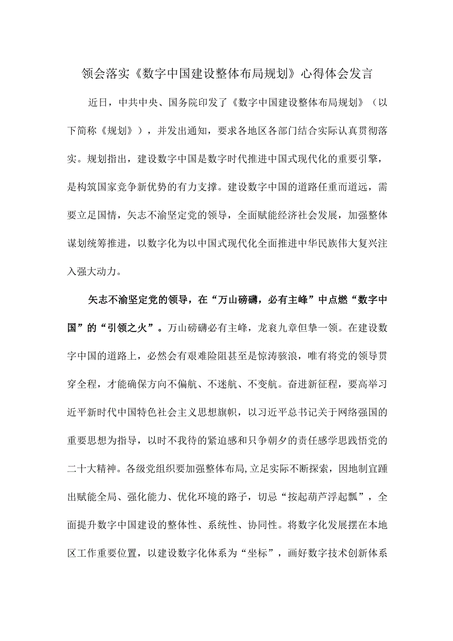 领会落实《数字中国建设整体布局规划》心得体会发言.docx_第1页