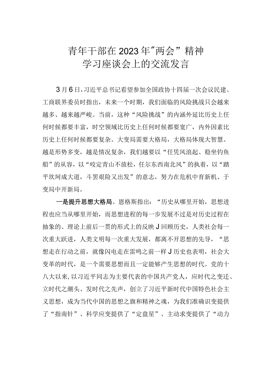 青年干部在2023年两会精神学习座谈会上的交流发言.docx_第1页