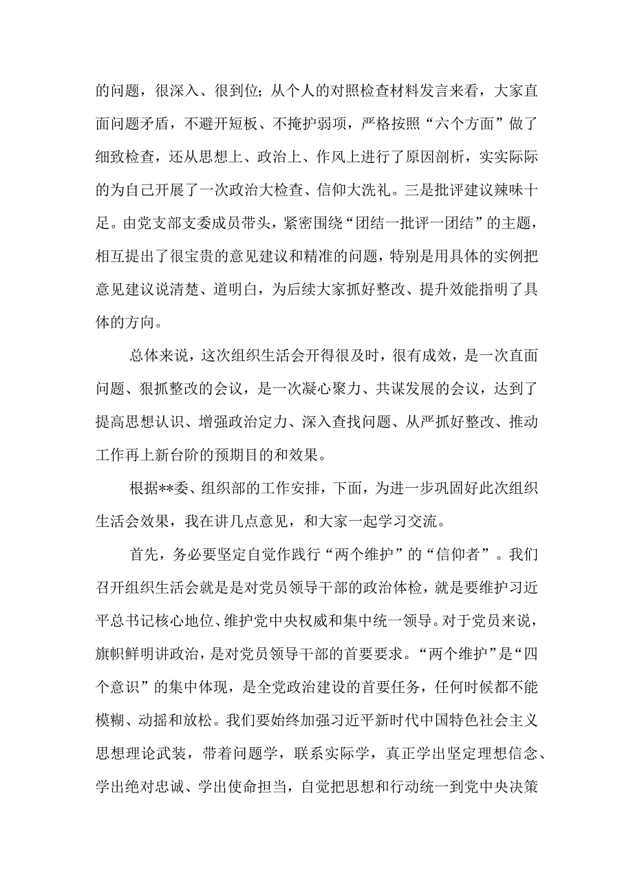 领导干部在党支部2023年度六个带头组织生活会上的点评总结讲话.docx_第2页