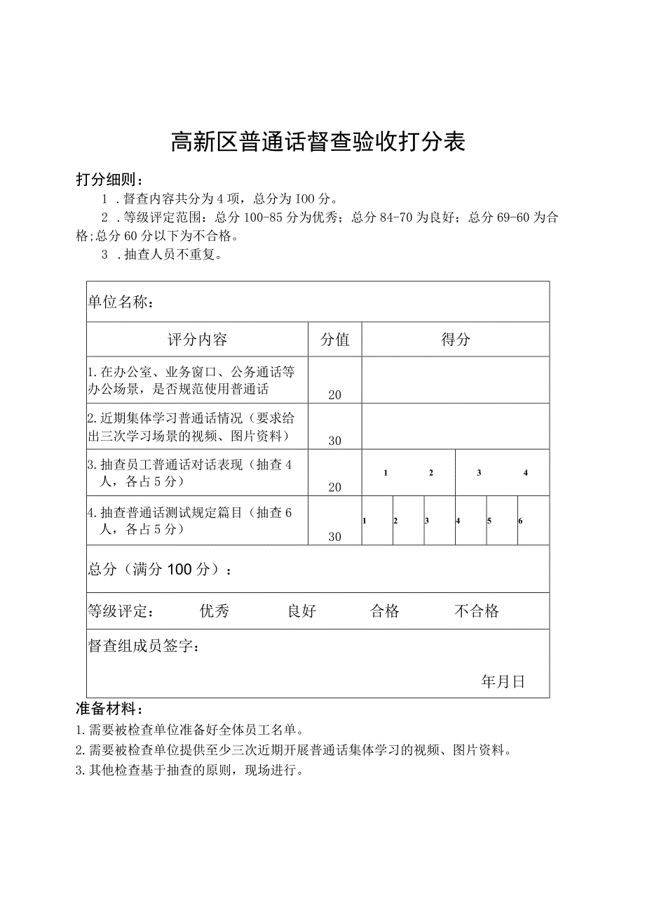 高新区普通话督查验收打分表.docx_第1页