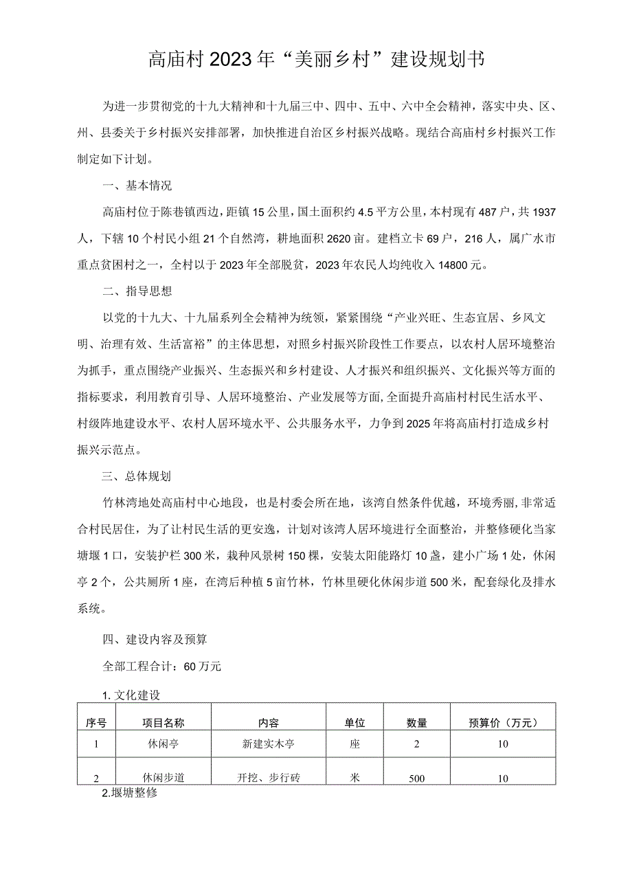 高庙村2023年美丽乡村建设规划书.docx_第1页