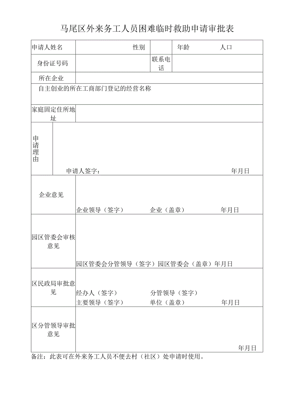 马尾区外来务工人员困难临时救助申请审批表.docx_第1页