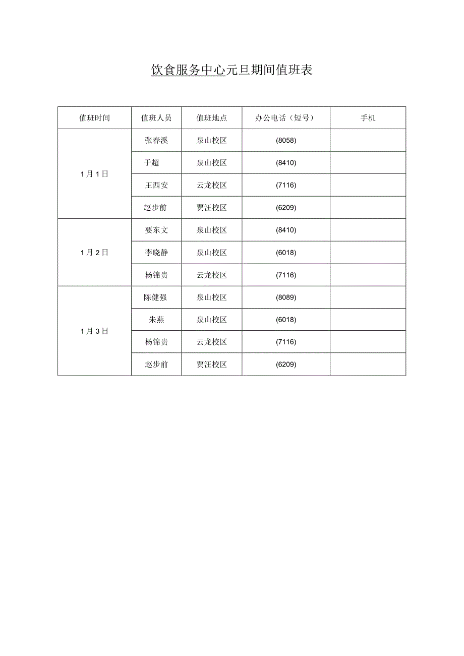 饮食服务中心元旦期间值班表.docx_第1页