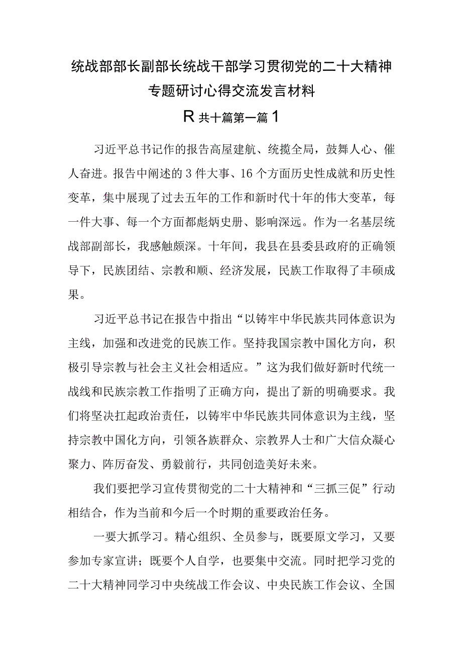 （10篇）统战部部长副部长统战干部学习贯彻党的二十大精神专题研讨心得交流发言材料.docx_第1页