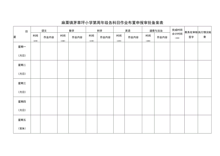 麻栗镇茅草坪小学第 周 年级各科目作业布置申报审批备案表.docx_第1页