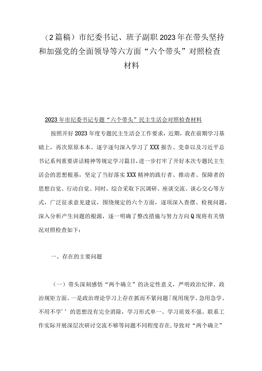 （2篇稿）市纪委书记班子副职2023年在带头坚持和加强党的全面领导等六方面六个带头对照检查材料.docx_第1页