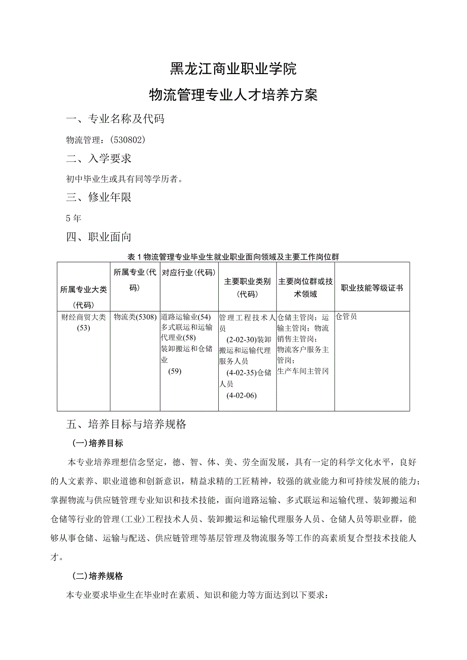 黑龙江商业职业学院物流管理专业人才培养方案.docx_第1页