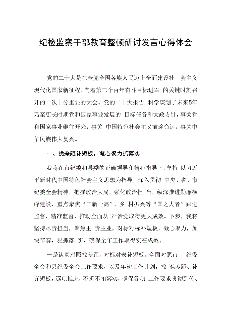 2023年纪委副书记纪检监察干部教育整顿研讨发言心得体会材料.docx_第1页