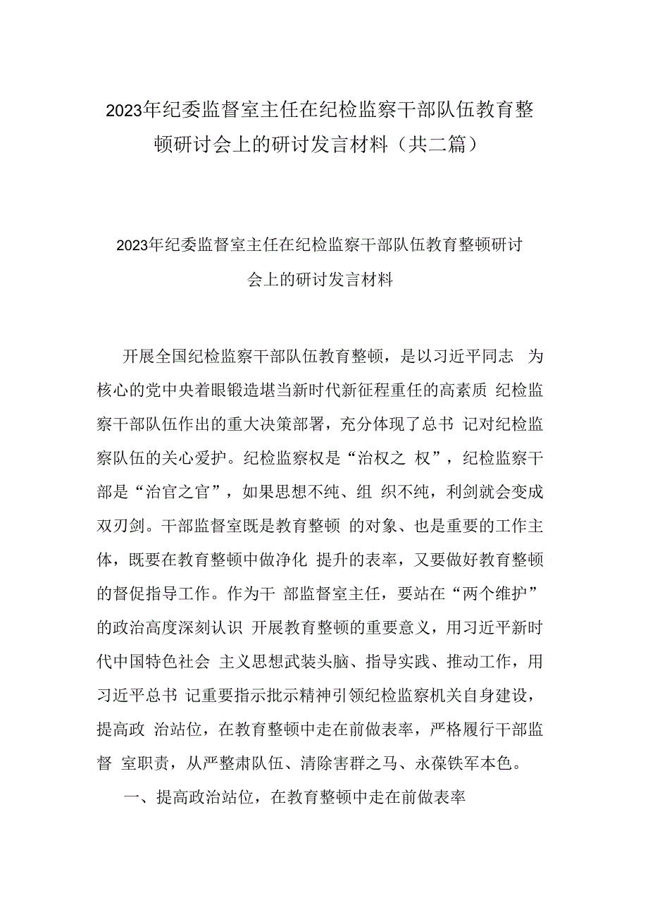 2023年纪委监督室主任在纪检监察干部队伍教育整顿研讨会上的研讨发言材料(共二篇).docx_第1页