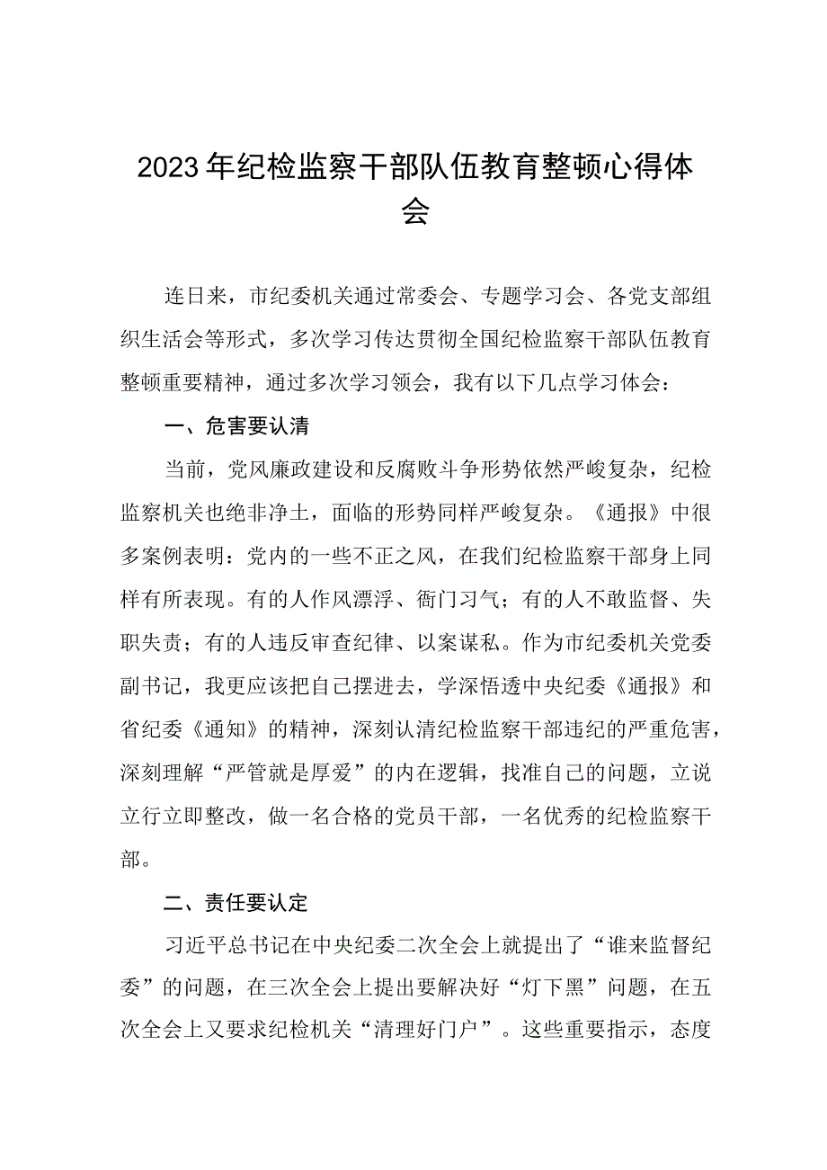 2023年纪检监察干部队伍教育整顿教育心得体会六篇.docx_第1页