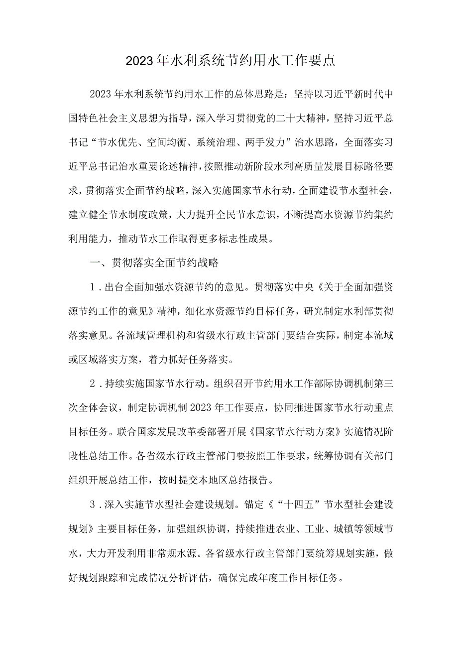 2023年水利系统节约用水工作要点.docx_第1页