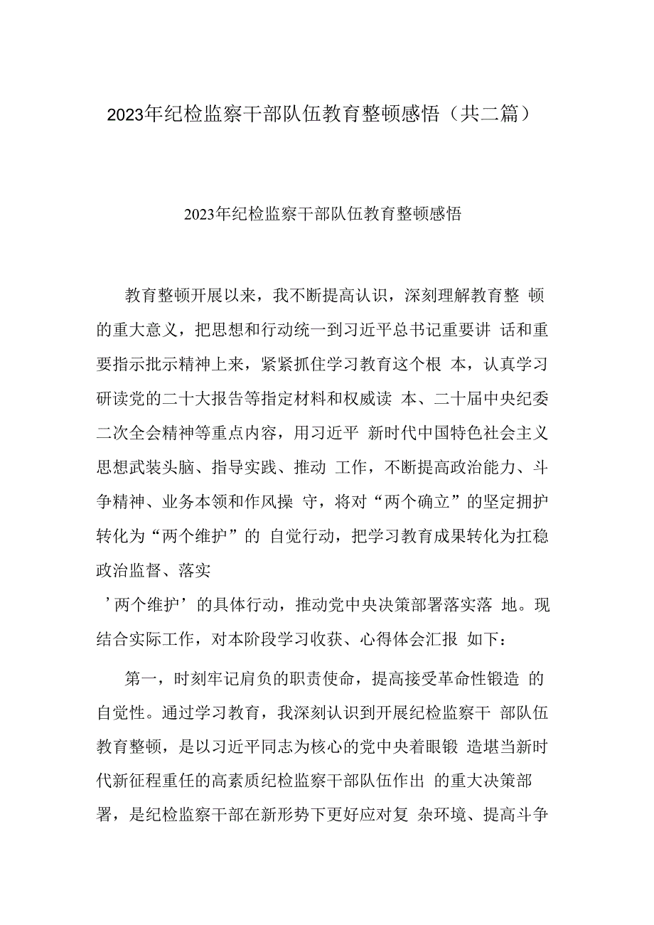 2023年纪检监察干部队伍教育整顿感悟(共二篇).docx_第1页