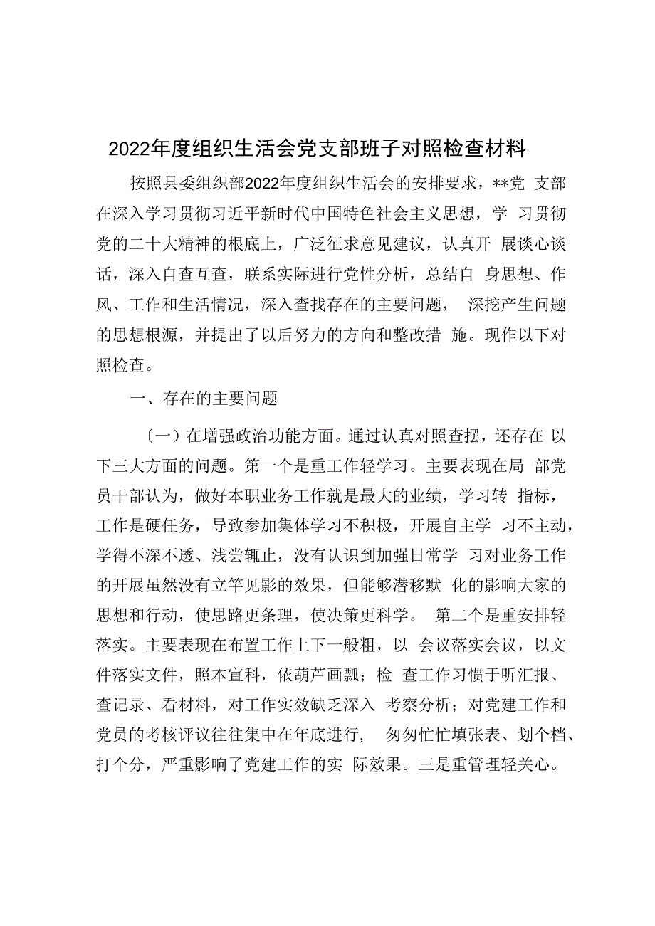 2023年度组织生活会党支部班子对照检查材料.docx_第1页