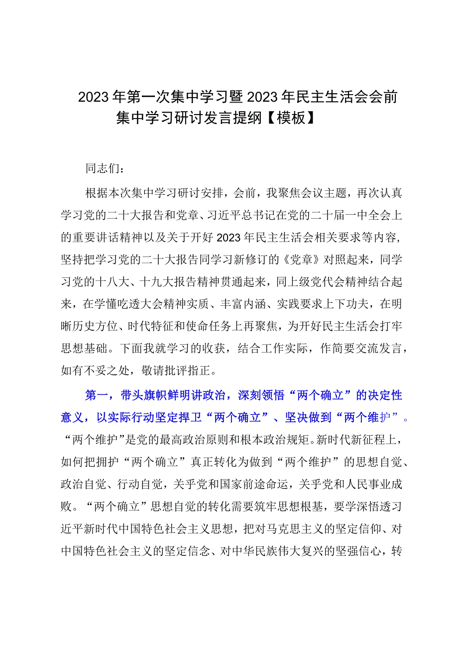 2023年第一次集中学习暨2023年民主生活会会前集中学习研讨发言提纲模板.docx_第1页