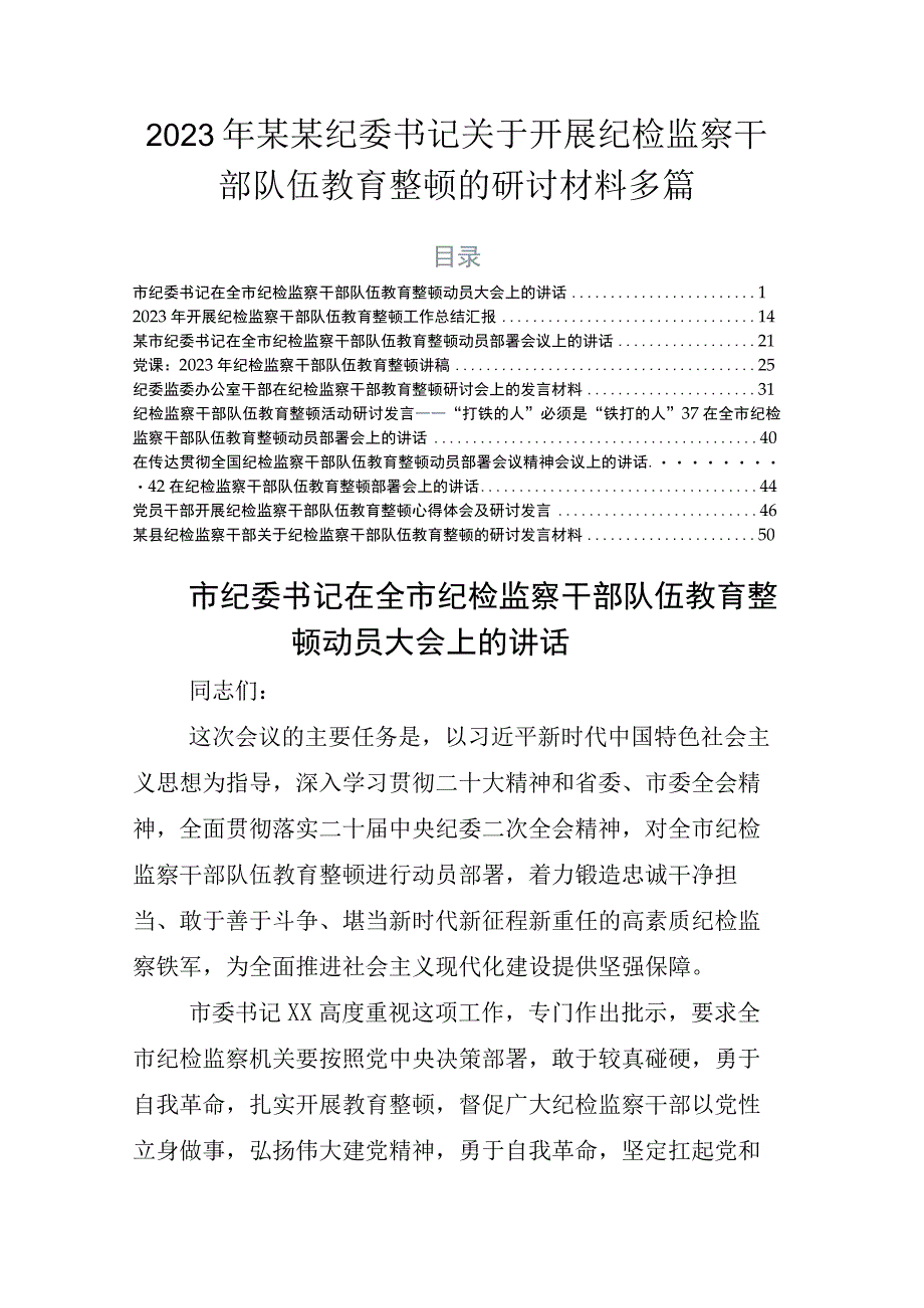 2023年某某纪委书记关于开展纪检监察干部队伍教育整顿的研讨材料多篇.docx_第1页