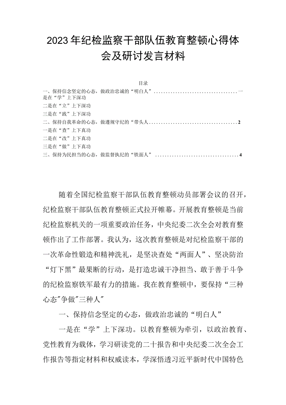 2023年纪检监察干部队伍教育整顿心得体会及研讨发言材料.docx_第1页