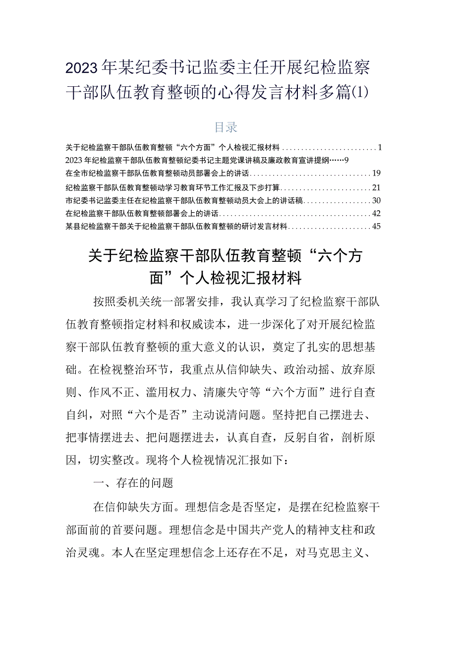 2023年某纪委书记监委主任开展纪检监察干部队伍教育整顿的心得发言材料多篇(1).docx_第1页