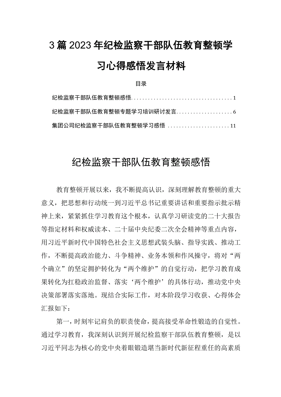 2023年纪检监察干部队伍教育整顿学习心得感悟发言材料3篇.docx_第1页