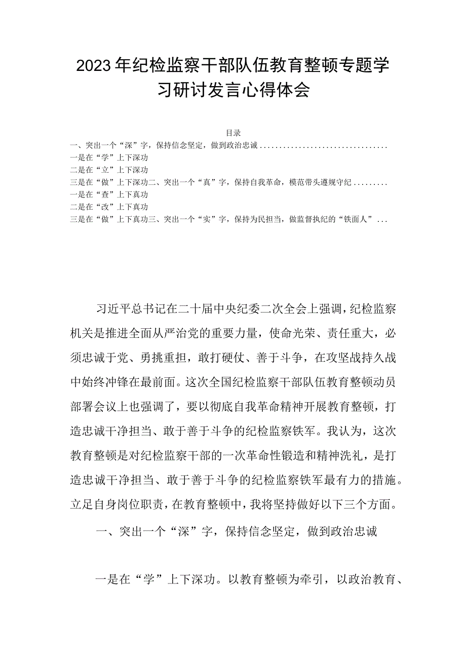 2023年纪检监察干部队伍教育整顿专题学习研讨发言心得体会.docx_第1页