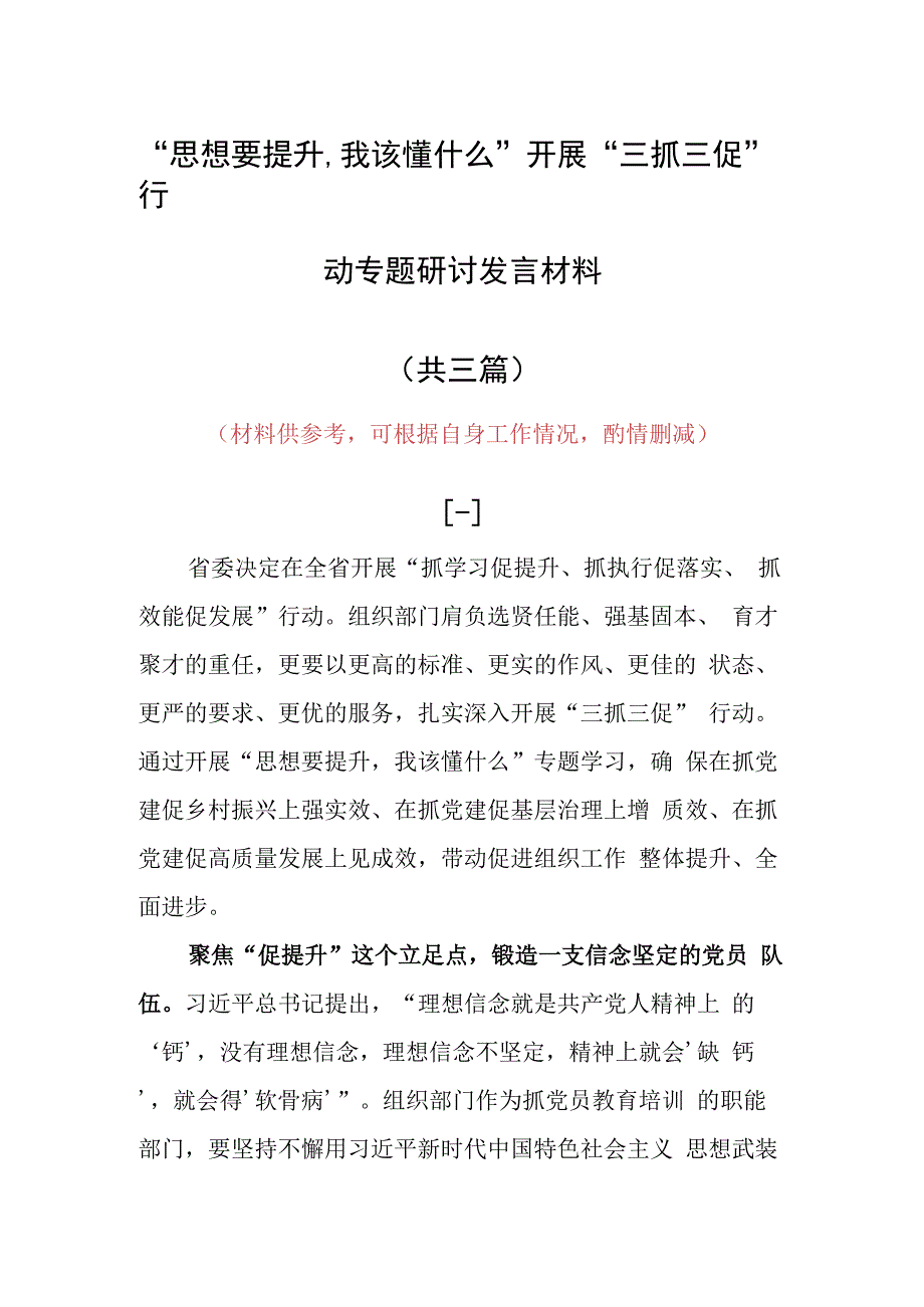 2023年思想要提升,我该懂什么三抓三促专题大讨论研讨个人心得体会范文（共3篇）.docx_第1页