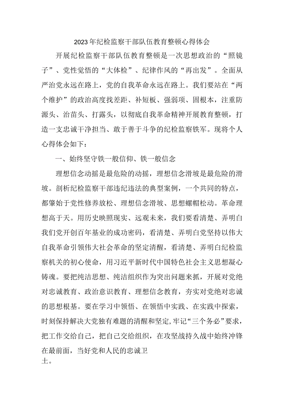 2023年新版全省纪检监察干部队伍思想教育整顿个人心得体会 汇编8份.docx_第1页