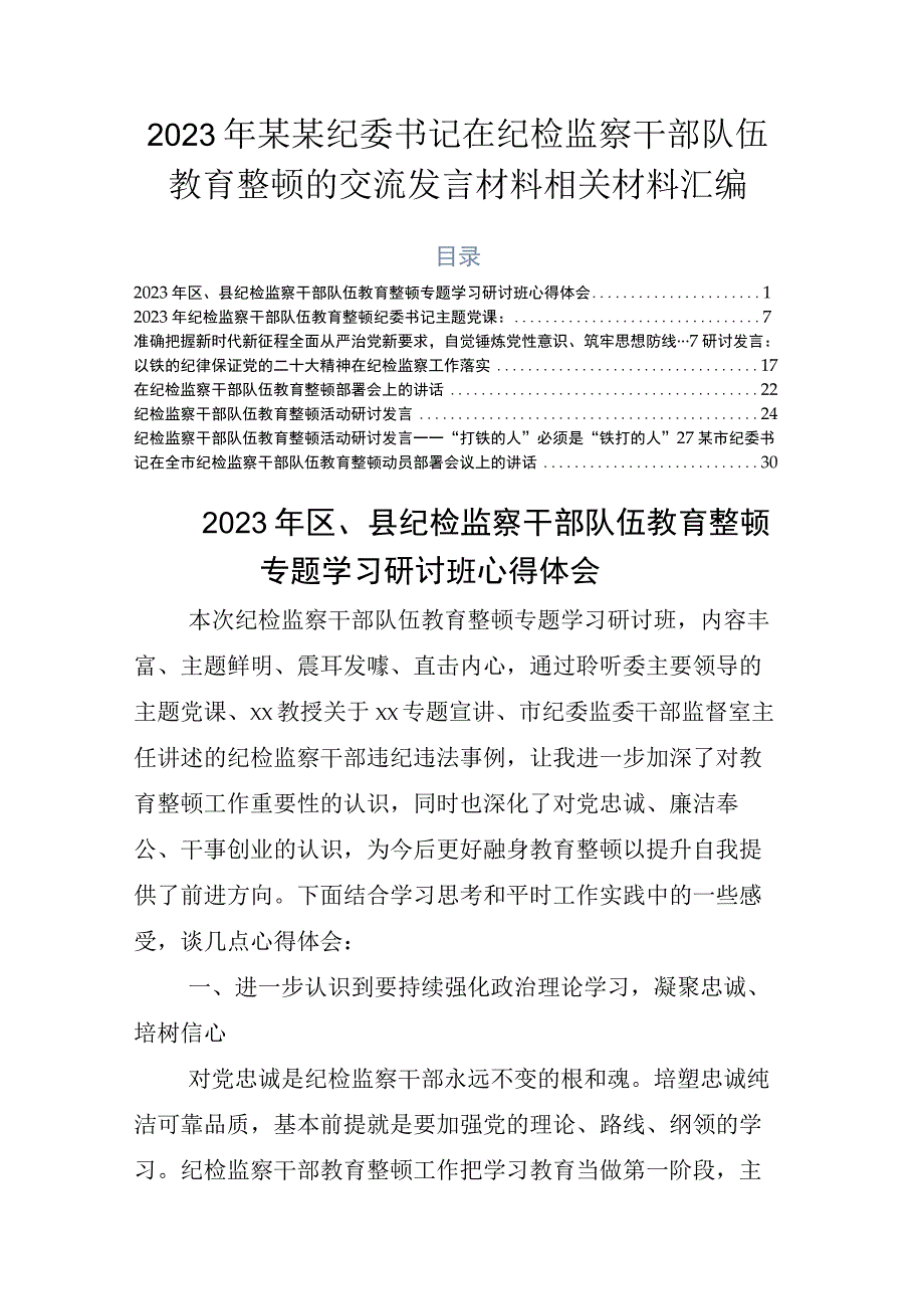 2023年某某纪委书记在纪检监察干部队伍教育整顿的交流发言材料相关材料汇编.docx_第1页