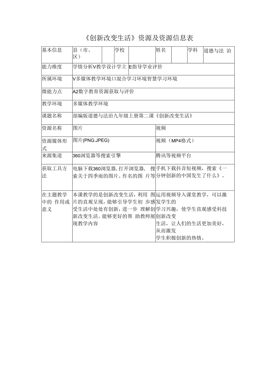 A2数字教育资源获取与评价作业资源及资源信息表创新改变生活道法.docx_第1页