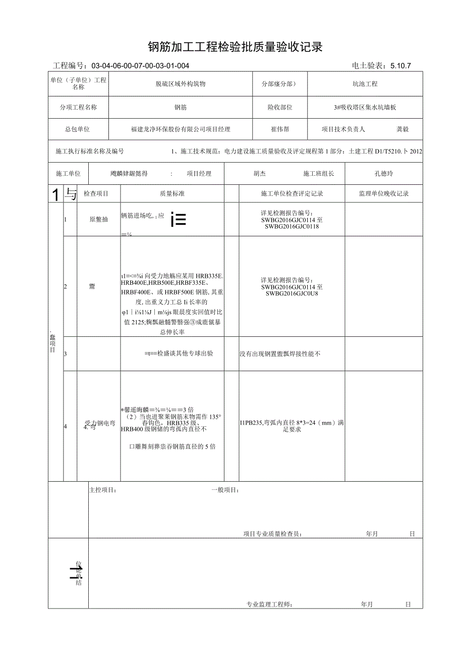 51073吸收塔区墙板钢筋加工工程检验批质量验收记录.docx_第1页