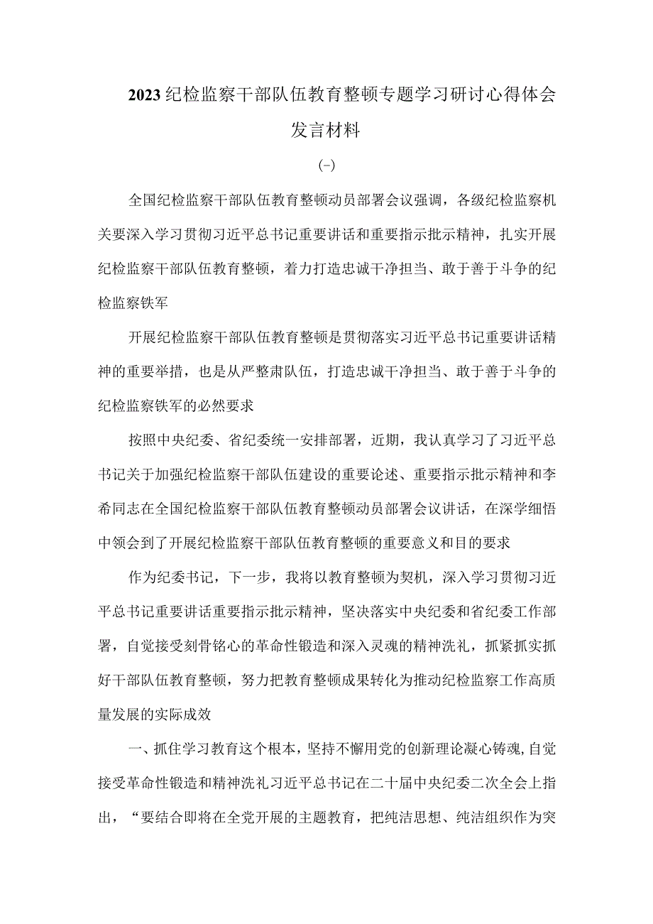 2023纪检监察干部队伍教育整顿专题学习研讨心得体会发言材料.docx_第1页