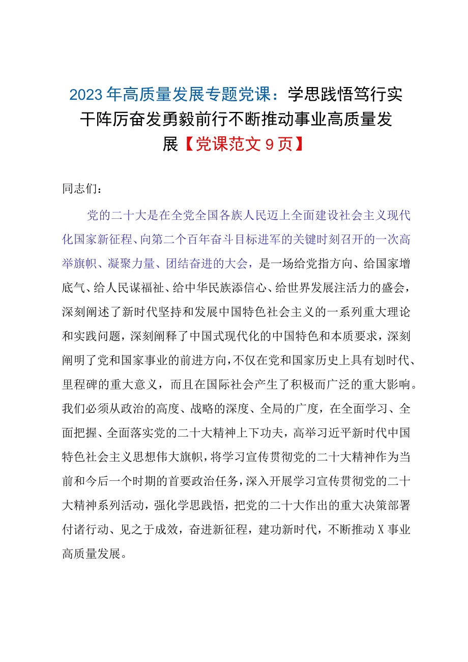 2023年高质量发展专题党课：学思践悟笃行实干踔厉奋发勇毅前行不断推动事业高质量发展党课范文9页.docx_第1页