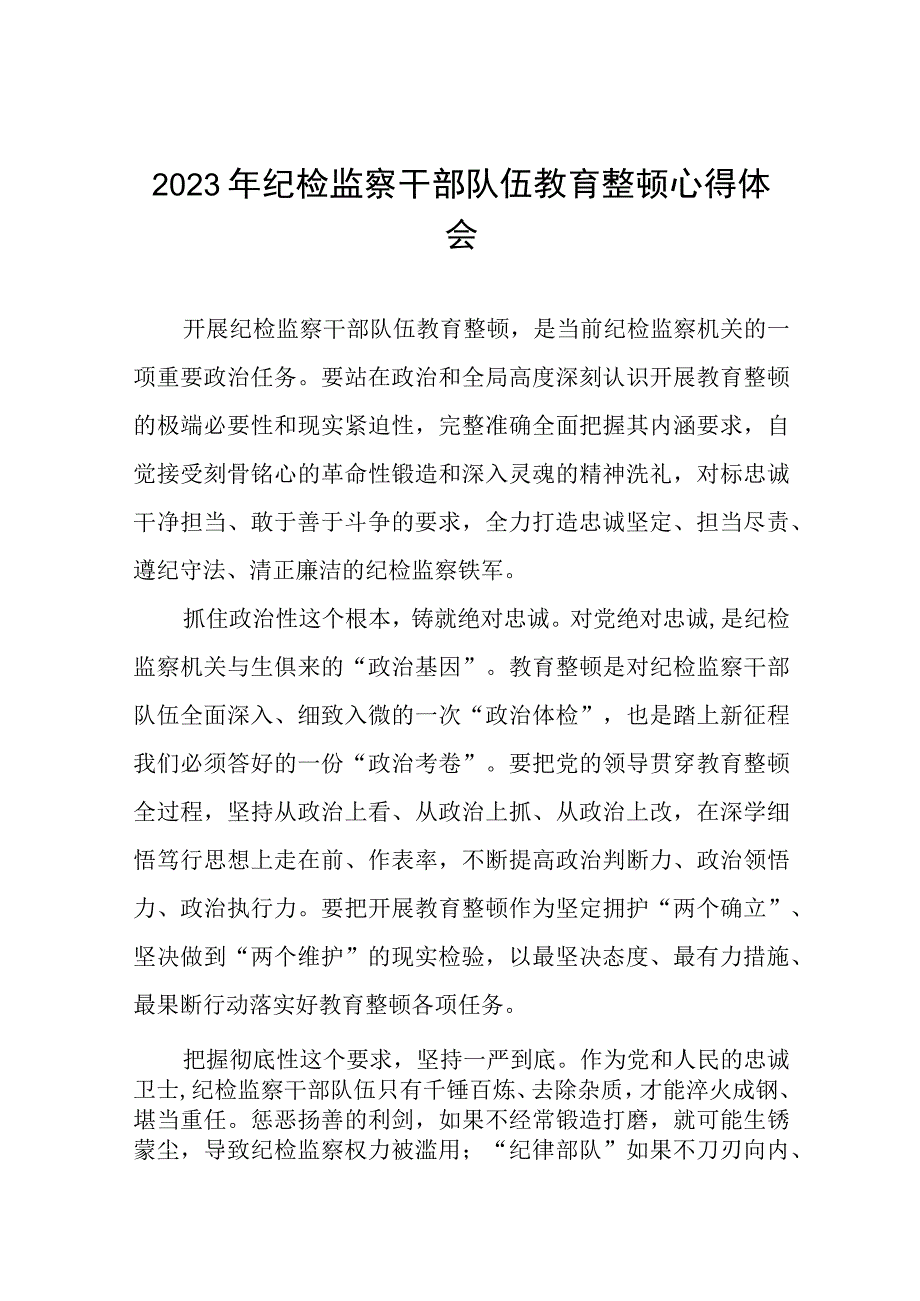 2023纪检监察干部队伍教育整顿心得体会范文六篇.docx_第1页